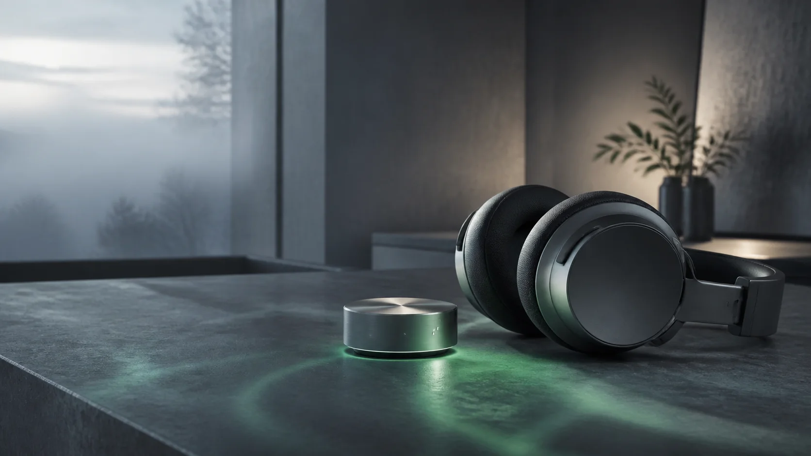 Graphite headphones and a silver control dial in a quiet listening room