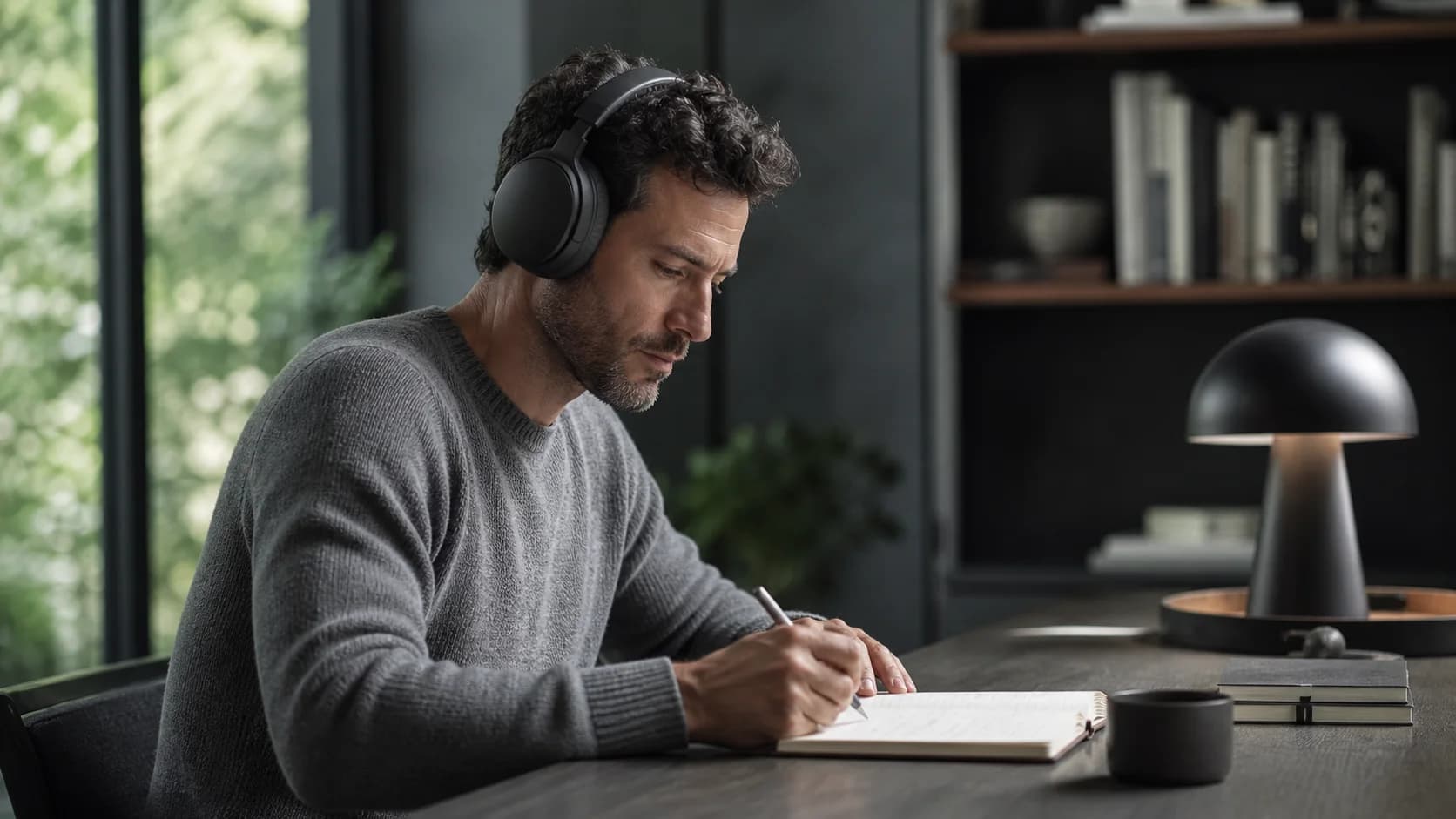 A person wearing headphones while writing at a quiet desk