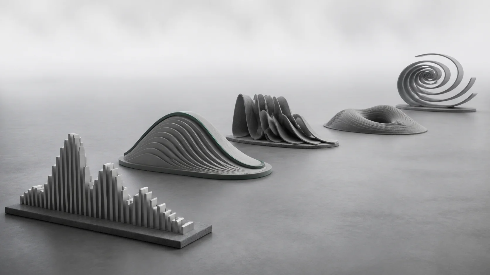 Five distinct acoustic sculptures representing different sound session goals