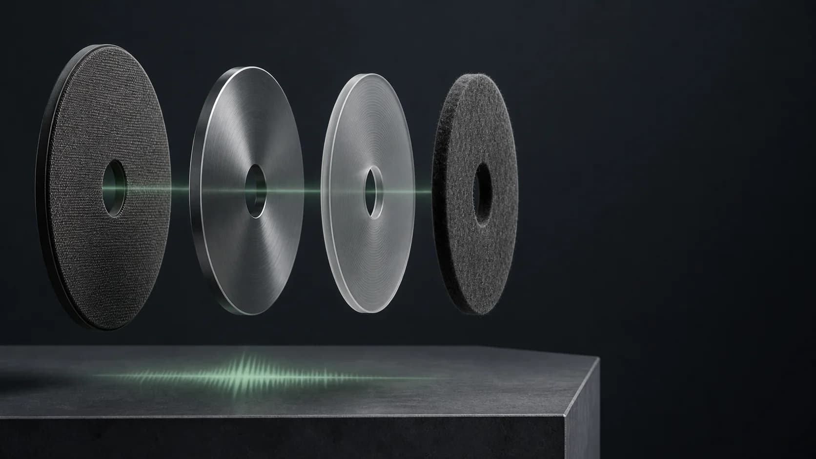 Four acoustic material layers aligned around a muted green sound beam
